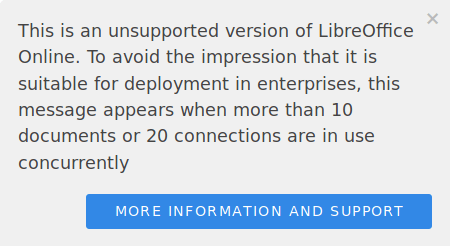 Սքրինշոթ, որը ցույց է տալիս նախազգուշացում LibreOffice Online-ի չաջակցվող տարբերակի մասին